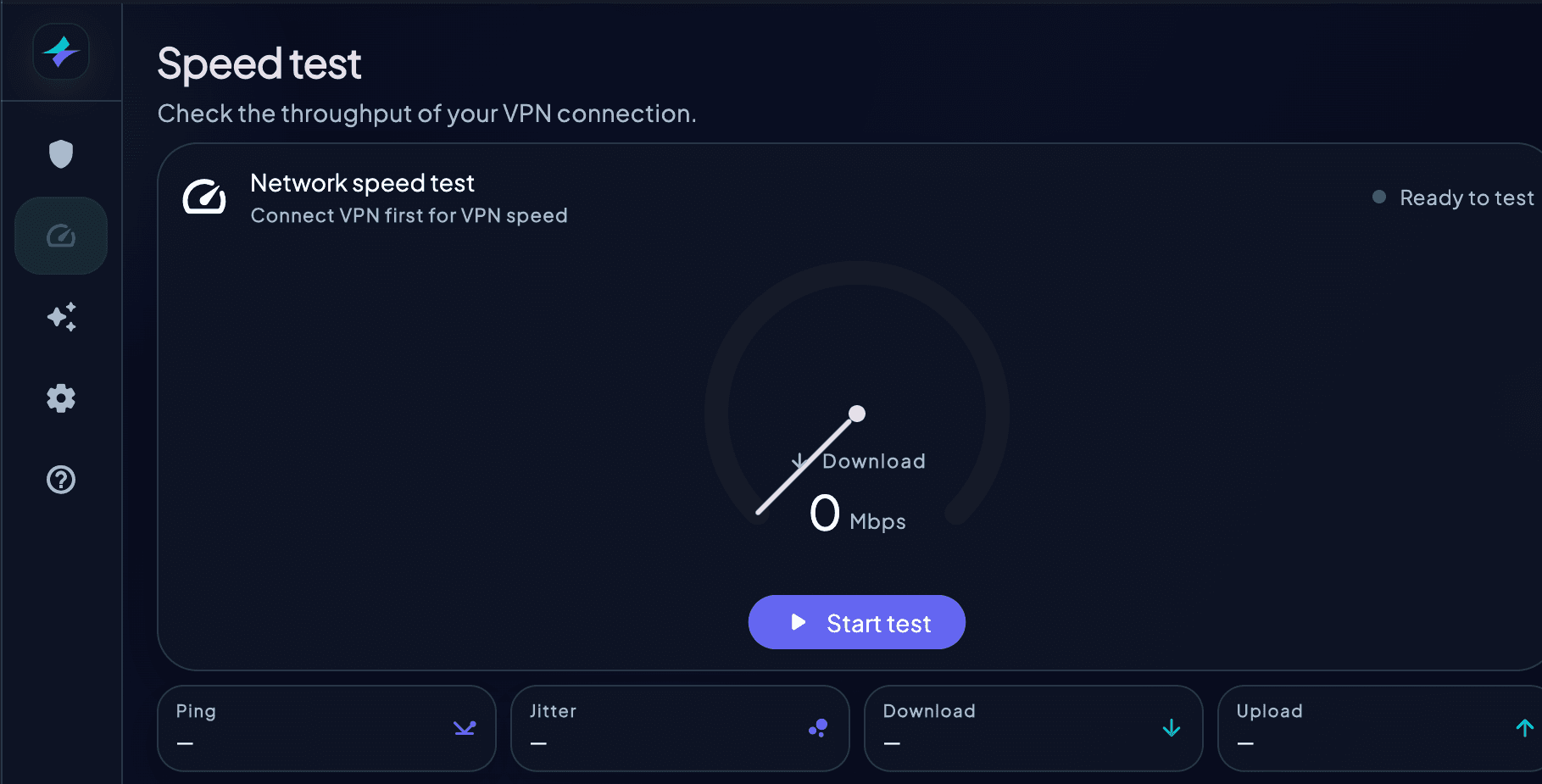 HorizonVPN Speedtest screen on macOS before a test, with ping, jitter, download, and upload fields empty.