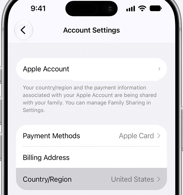 Apple Account Settings showing Country/Region on an iPhone