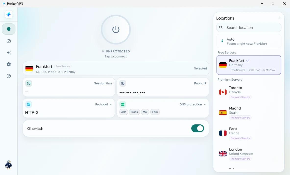 The HorizonVPN app running on Windows 11