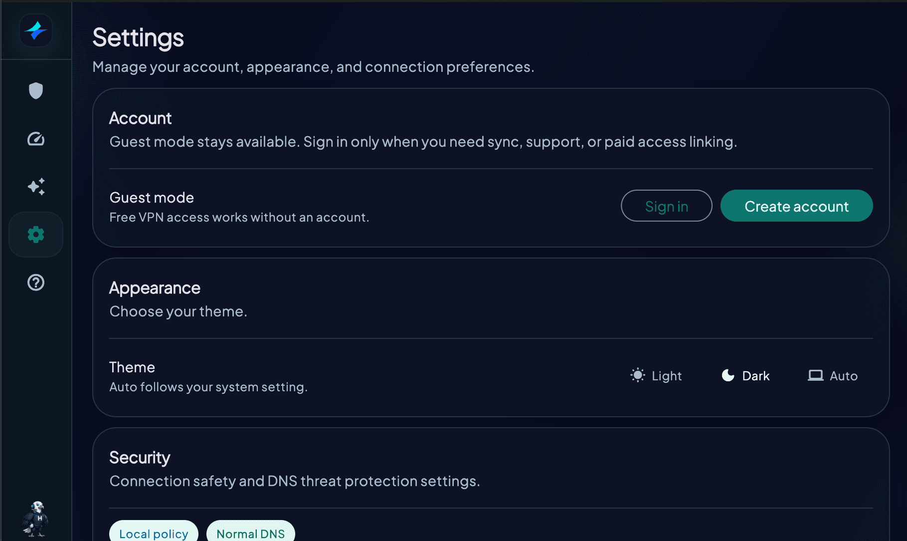 HorizonVPN Settings screen on macOS showing the Account, Appearance, and Security sections.